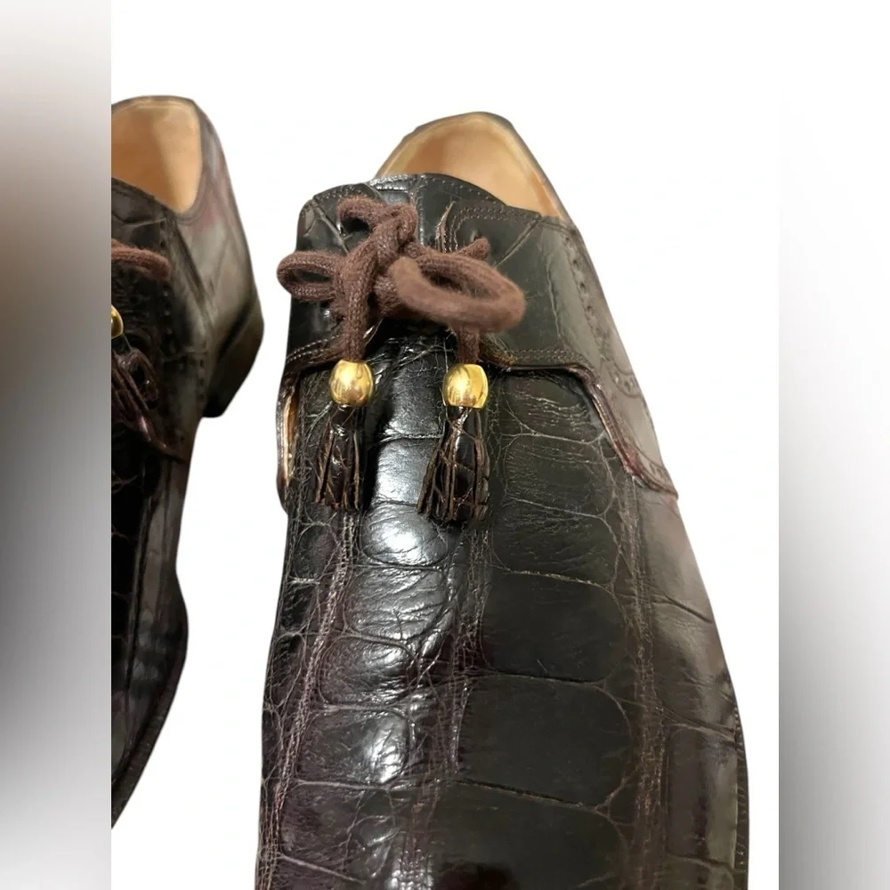 Mauri Alligator Skin Lace-Up Dark Brown Oxford Shoes US 9 Handmade Italy